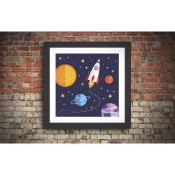 Quadro Foguete e Planetas - 29x29 cm 